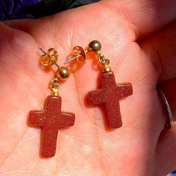 Lovely Genuine Goldstone Cross Earrings - Picture 2 of 5